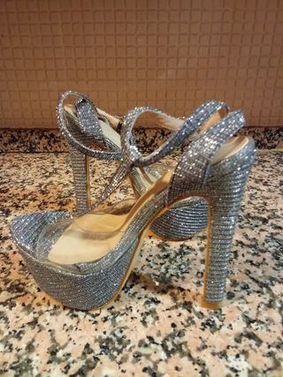 Sandalias Plataforma Plata Brillantes