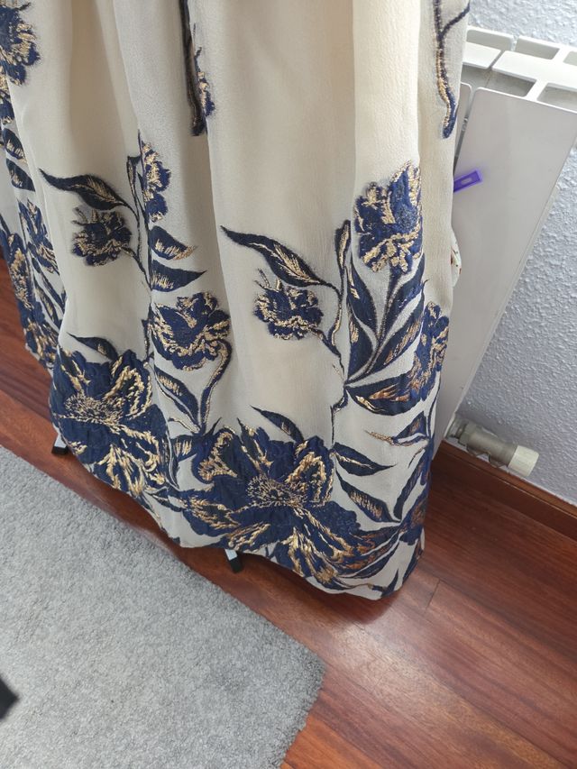 Vestido ceremonia encaje beige-azul