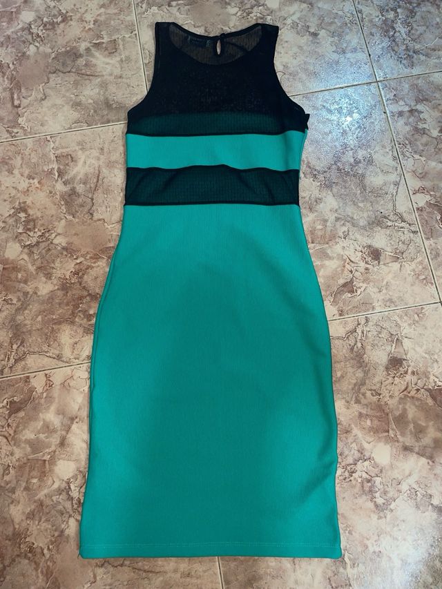 Vestido midi teal y negro