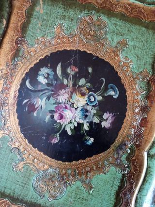 Vassoio vintage legno dorato verde decorato a mano