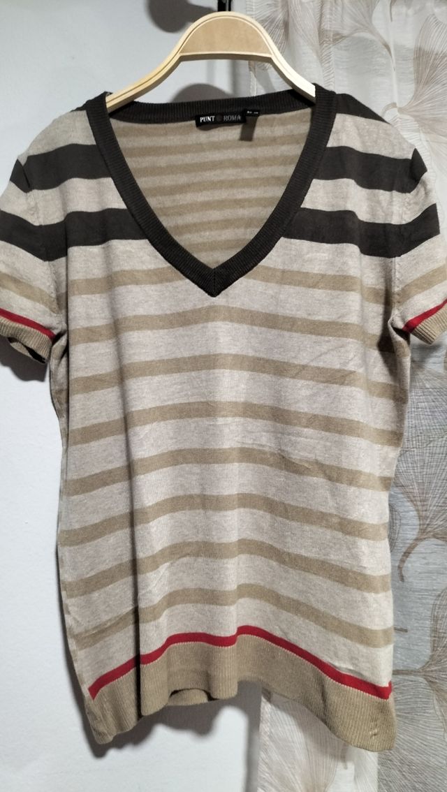 Punto Roma - Camiseta rayas beige-marrón talla S