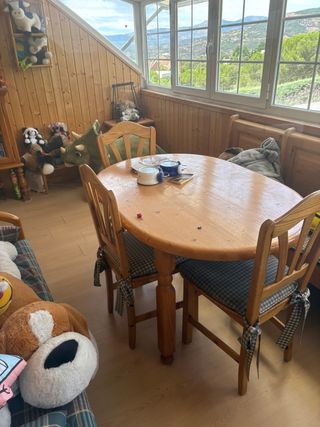 Mesa ovalada mas 3 sillas y banco todo con cojines