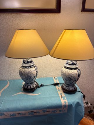 2 Lámparas Vintage Porcelana Azul y Blanca