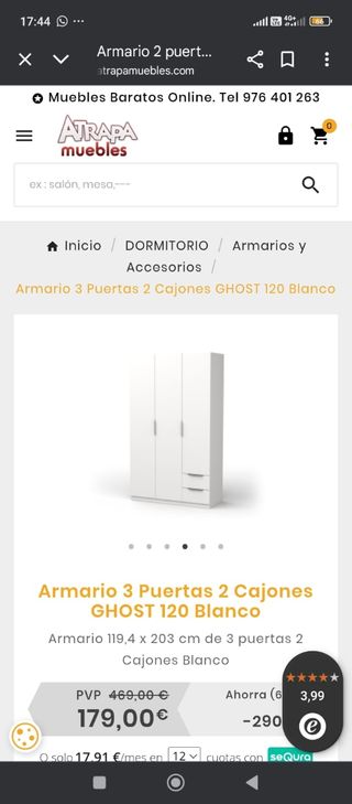 Armario 3 puertas 2 cajones GHOST blanco
