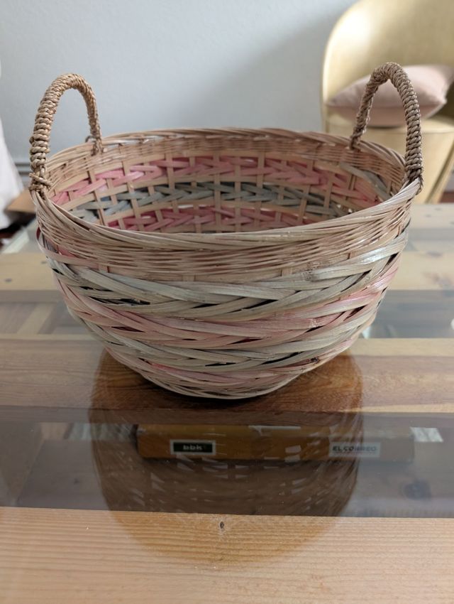 Cesta mimbre vintage beige/rosa/verde clarito