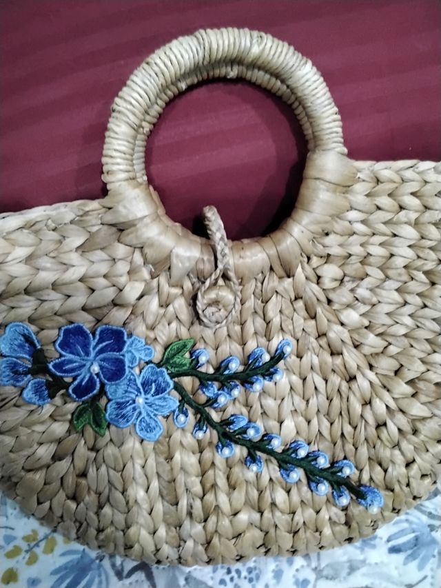 Bolso paja flores - Beige/Azul