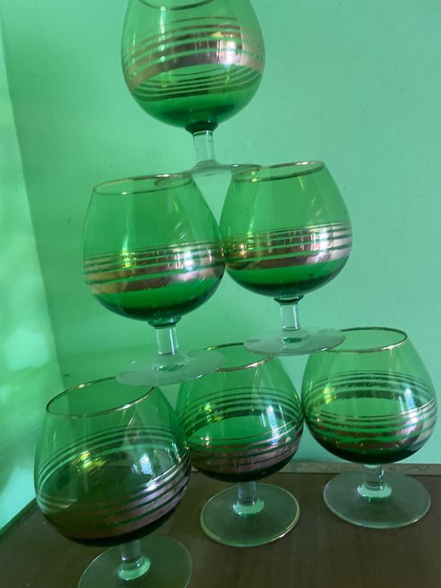 6 Copas Coñac Verdes Doradas