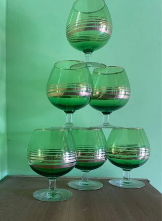 6 Copas Coñac Verdes Doradas