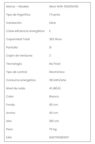Oferta Nevera + Congelador Vertical No Frost 999€ 