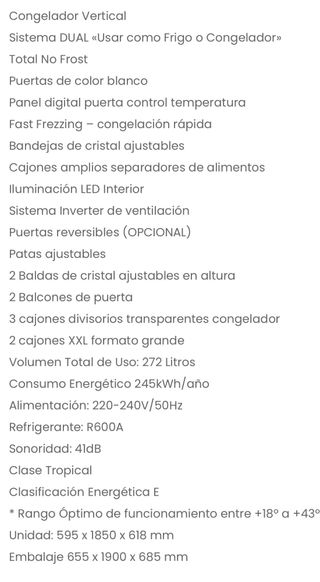 Oferta Nevera + Congelador Vertical No Frost 999€ 