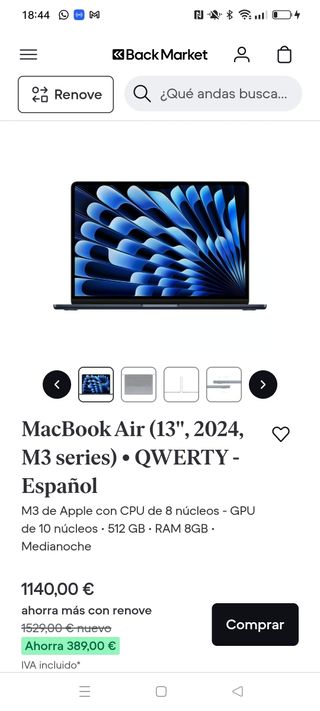 MACBOOK AIR M3 8/512 COLOR MEDIANOCHE (MIDNIGHT)