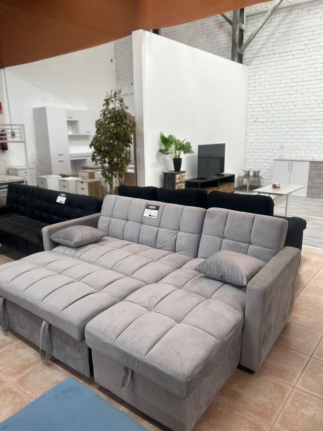 Sofá Cama Chaiselongue Gris + Almacenaje