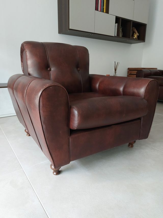 Coppia di Poltrone vintage in pelle marrone