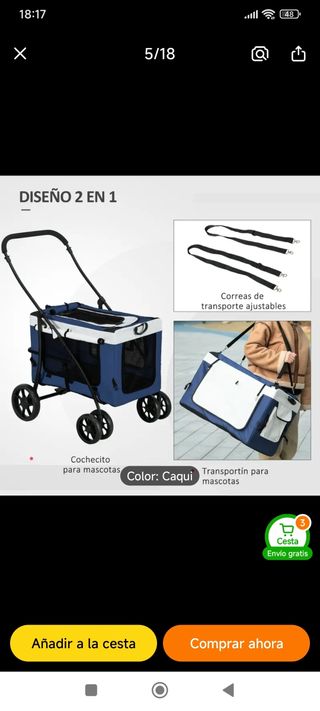 Carro y transportin para  perro - Caqui 2 en 1