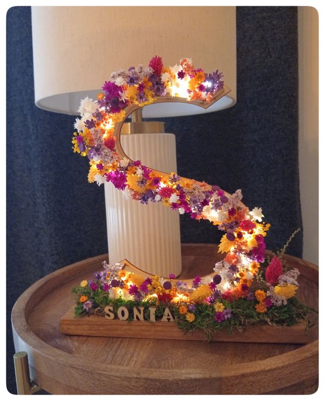 Letra S  con flores secas y preservadas iluminada