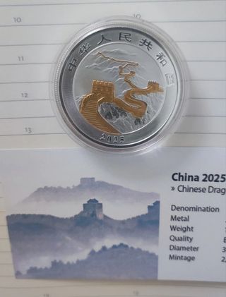 Moneda plata China Dragón en color