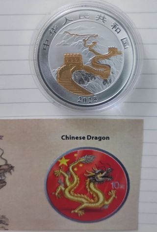 Moneda plata China Dragón en color
