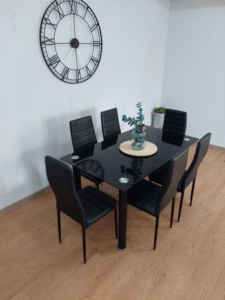 Mesa cristal negra + 6 sillas
