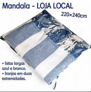 Manta mandala azul e branco listrada