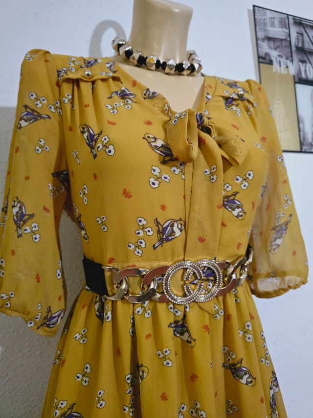 Vestido cóctel amarillo estampado M