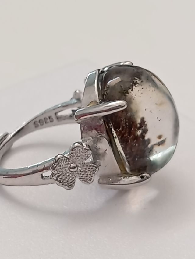 Anillo plata 925 ajustable, cuarzo fantasma