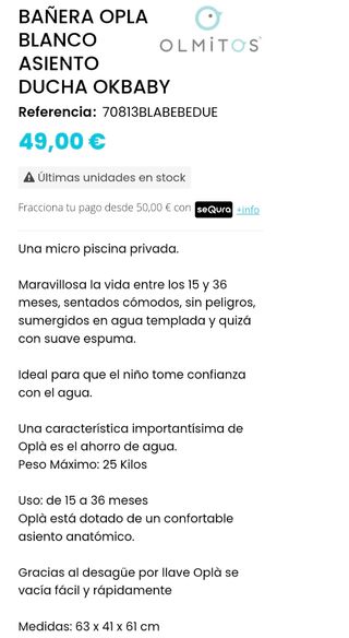 Bañera bebé Opla blanca