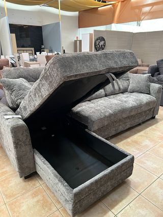 SOFA CHAISELONGUE 4 PLAZAS GRIS + CAMA + BAUL 