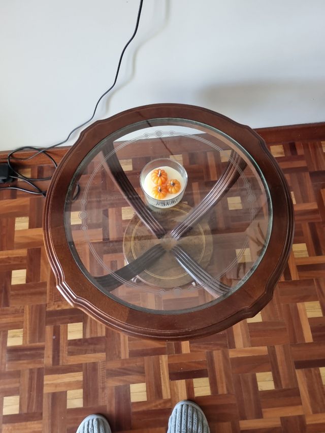 Mesa centro redonda cristal madera