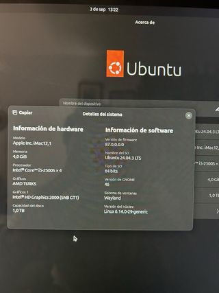 iMac 21,5" Apple Plata 2011
Sistema Ubuntu linux