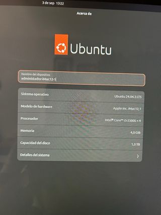 iMac 21,5" Apple Plata 2011
Sistema Ubuntu linux