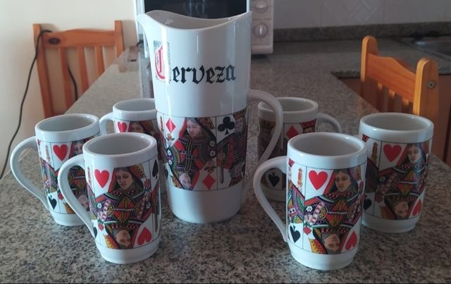Jarra y 6 vasos cerveza cerámica