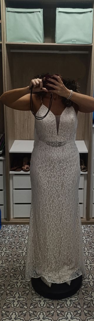 Vestido novia encaje blanco, regalo velo novia tam