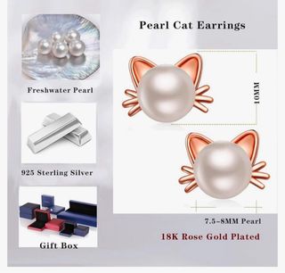 Pendientes gato perla de plata
color oro rosa

