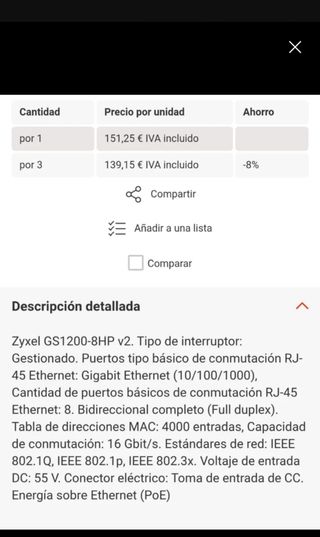 Switch ZYXEL Ethernet 8 puertos