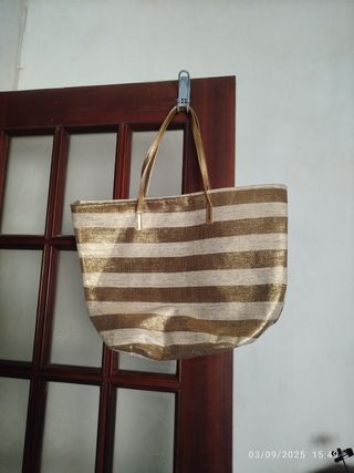 Bolso playa dorado | rayas beige
