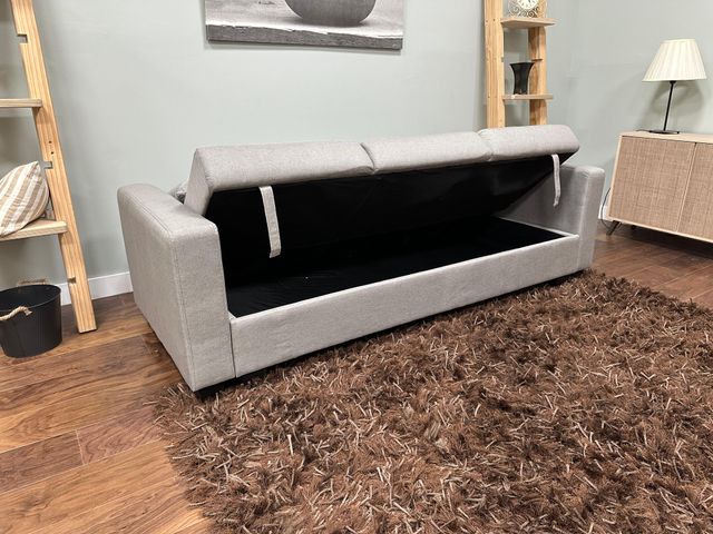 SOFA CAMA ABATIBLE 3 PLAZAS CON BAUL GRIS CLARO