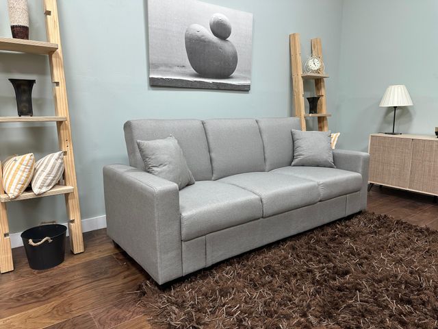 SOFA CAMA ABATIBLE 3 PLAZAS CON BAUL GRIS CLARO