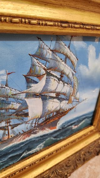 3 quadri a olio: fiori e barca