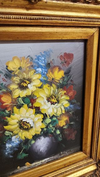 3 quadri a olio: fiori e barca