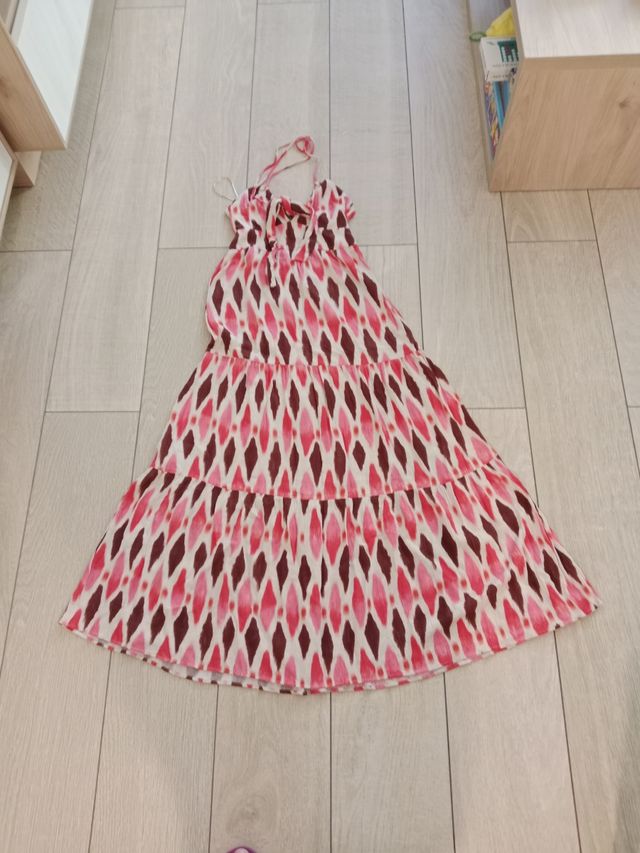 Vestido largo estampado marrón y rosa