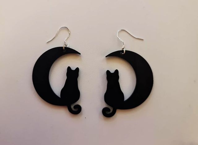 Pendientes Plata Gato Luna - Halloween Impreso 3D