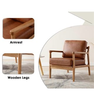 Butaca marrón de cuero sintético y madera