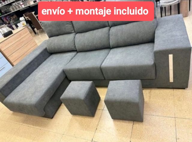 Sofá chaise longue gris - 2 Puffs 2.60 m