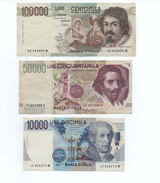 3 Banconote Lire Italiane 10000-50000-100000