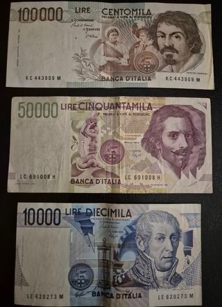 3 Banconote Lire Italiane 10000-50000-100000