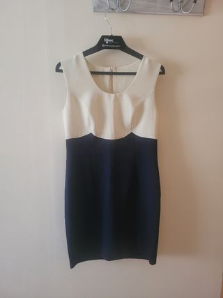 Vestido fiesta beige y azul