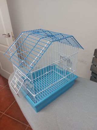 Jaula pajaros azul y blanca