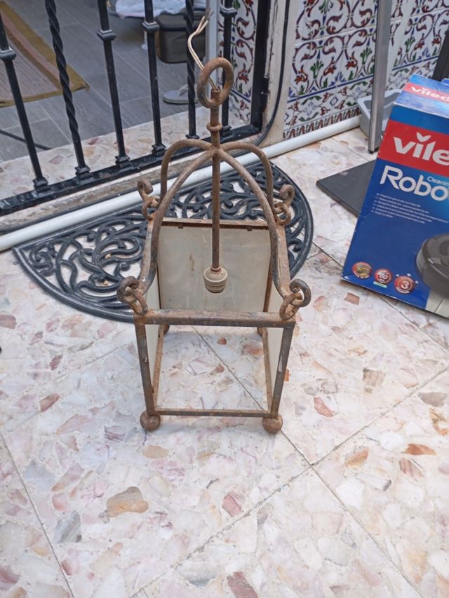 Lampara antigua forja metal y cristal