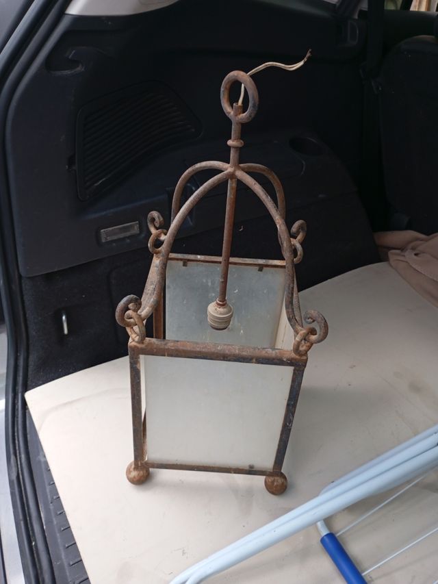 Lampara antigua forja metal y cristal