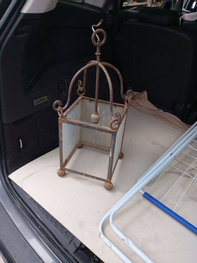 Lampara antigua forja metal y cristal